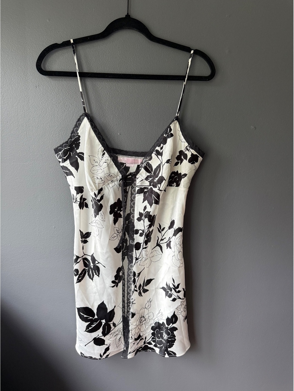 Victoria's Secret Black and White Floral Slip Dress with Lace Trim, Size Large